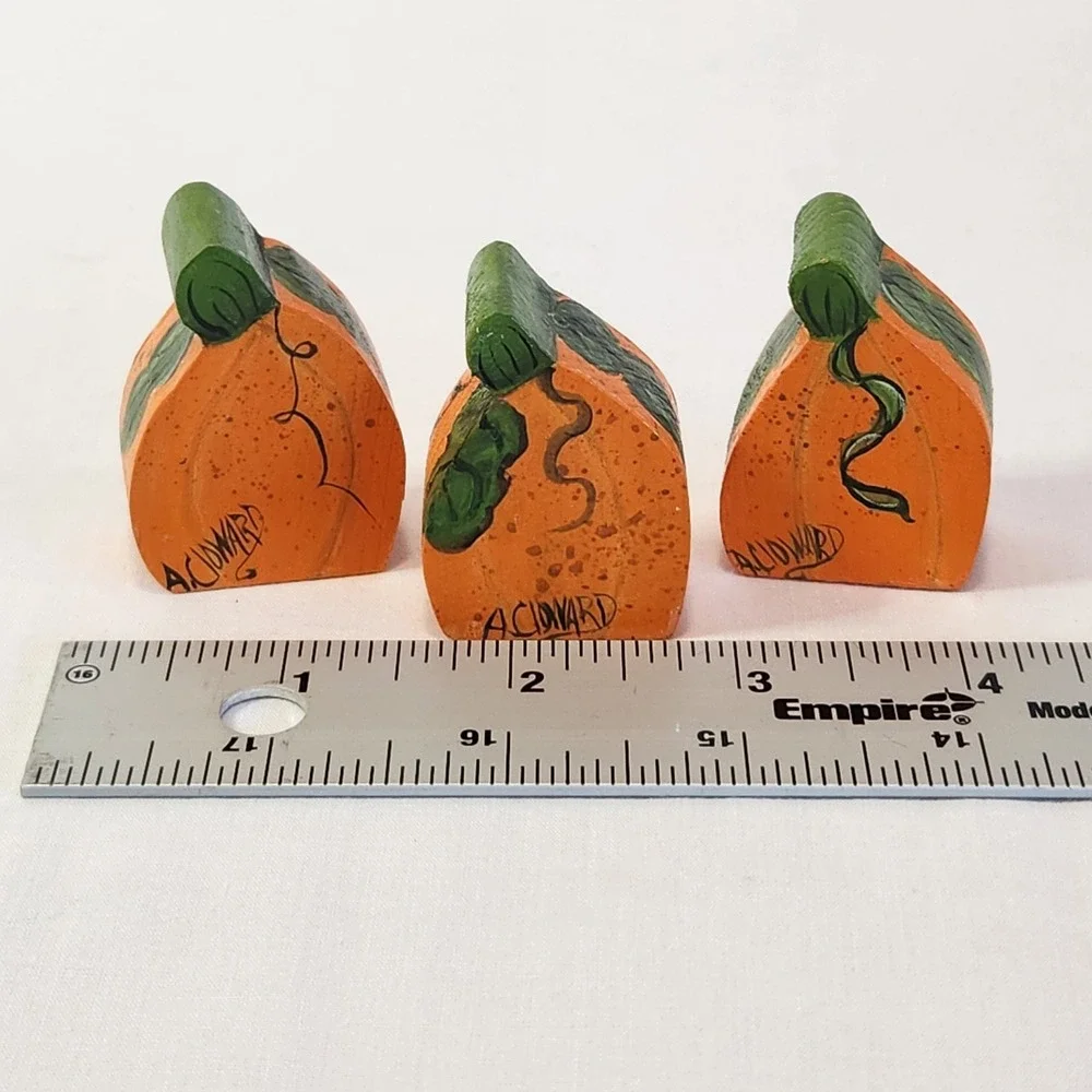 Trio of Tiny Hand Painted Wood Pumpkin Figurines Set of 3 Fall Decor‎